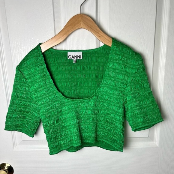 Ganni Cropped Smocked Top - Picture 2 of 5